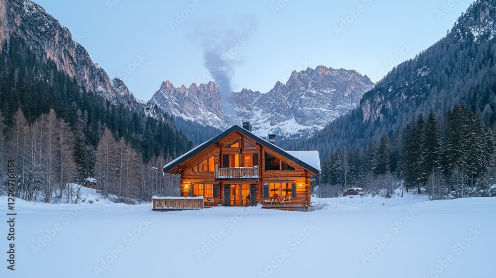 Fototapeta premium Cozy mountain chalet glowing at dusk, snowy landscape