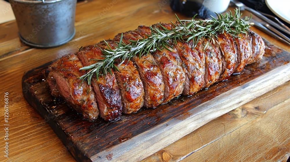 custom made wallpaper toronto digitalRoasted rosemary herb-crusted rolled beef on wooden board.