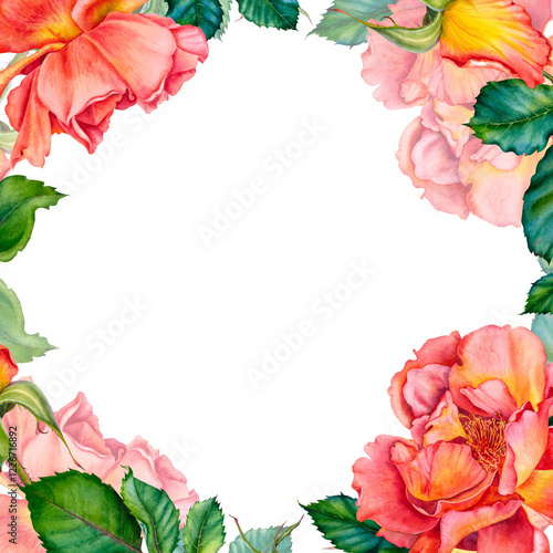 Wallpaper Mural Red rose flowers bouquet with greenery. Vibrant watercolor floral illustration. Botanical, blooming frame on isolated background. Perfect for wedding invitation, stationary, greetings, fashion design. Torontodigital.ca