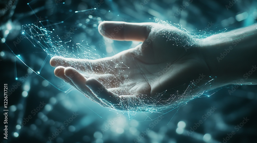 Fototapeta premium AI and human hand connection visualized with futuristic digital elements