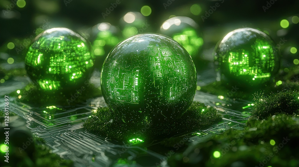 Green circuit spheres on mossy board. Green circuit spheres on mossy board.