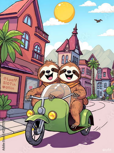 whimsical illustration of two sloths joyriding through a colorful cartoon town photo