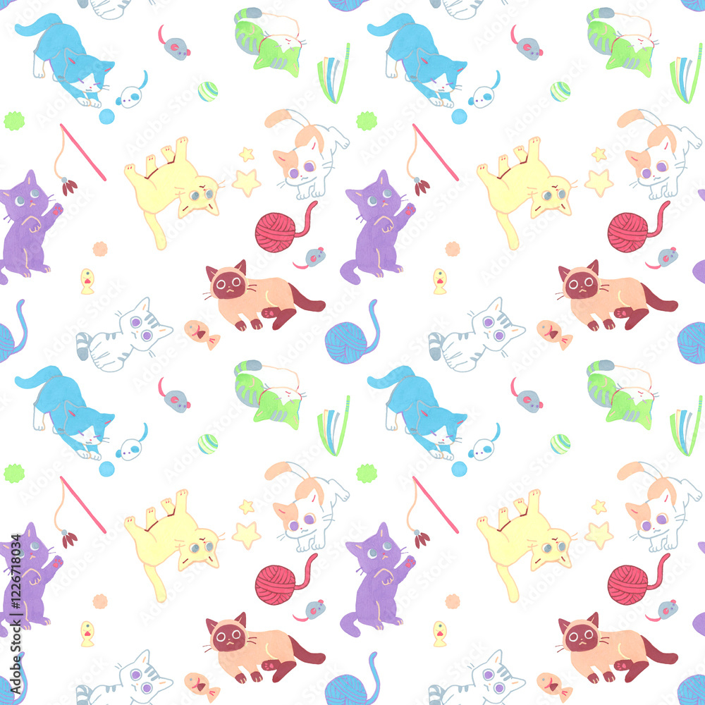 Obraz premium パステルカラーの猫のシームレスパターン 手描きイラストの動物柄