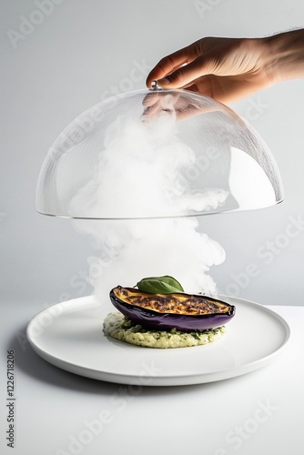 Baked eggplant served on creamy green pea puree. The dish is dramatically presented under a glass cloche with food-grade smoke for a stunning effect. Ideal for use in gourmet cookbooks, fine dining me
