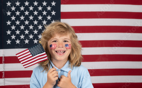 American little patriot. Independence day 4th of july. Child with american flag. American flag on kids cheek. Freedom and independence day. photo