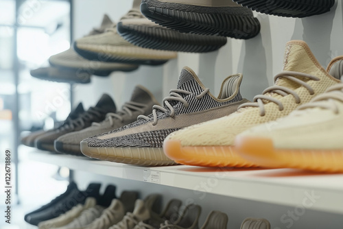 Sneaker display featuring various styles on shelves in store