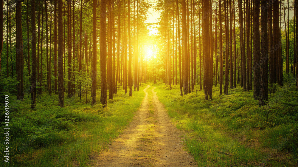 Forest path with sunlight shining through trees. Forest path with sunlight shining through trees.