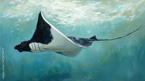 Black and white cartoon of a swimming sting ray or manta ray with a long curving tail and its pectoral fins outspread photo