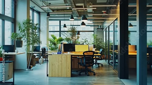 Modern office interior featuring collaborative workspaces, greenery, and natural light