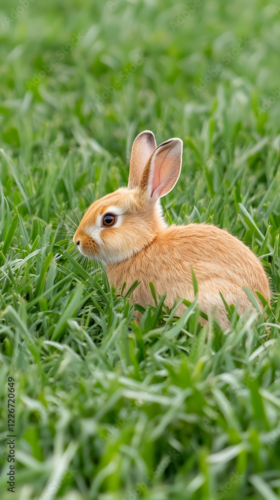 Tawny rabbit in grassy field; peaceful outdoor scene Tawny rabbit in grassy field; peaceful outdoor scene