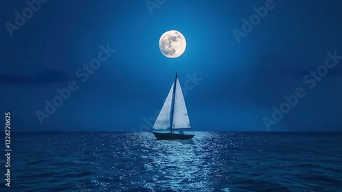 A serene nighttime scene featuring a sailboat gliding on calm waters under a bright full moon, surrounded by blue hues. photo