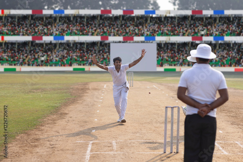 Bowlers appealing to the umpire, during the cricket game photo