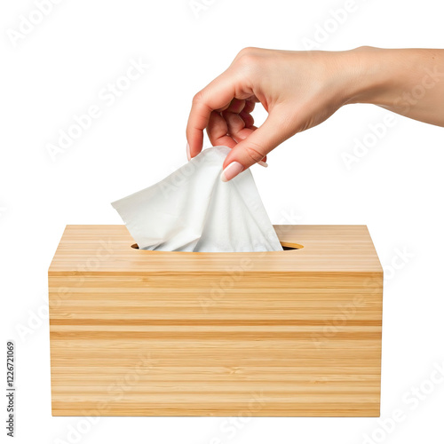 Elegant Bamboo Tissue Box with Hand Pulling Tissue, tissue box, tissues, paper, box, wooden, white, isolated, hand
