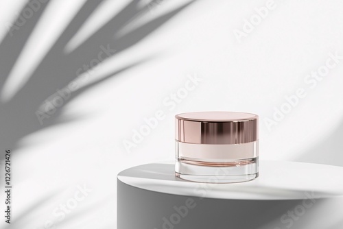 A stylish glass cosmetic jar mockup on a clean white backdrop, ideal for branding and product displays in the beauty industry. photo