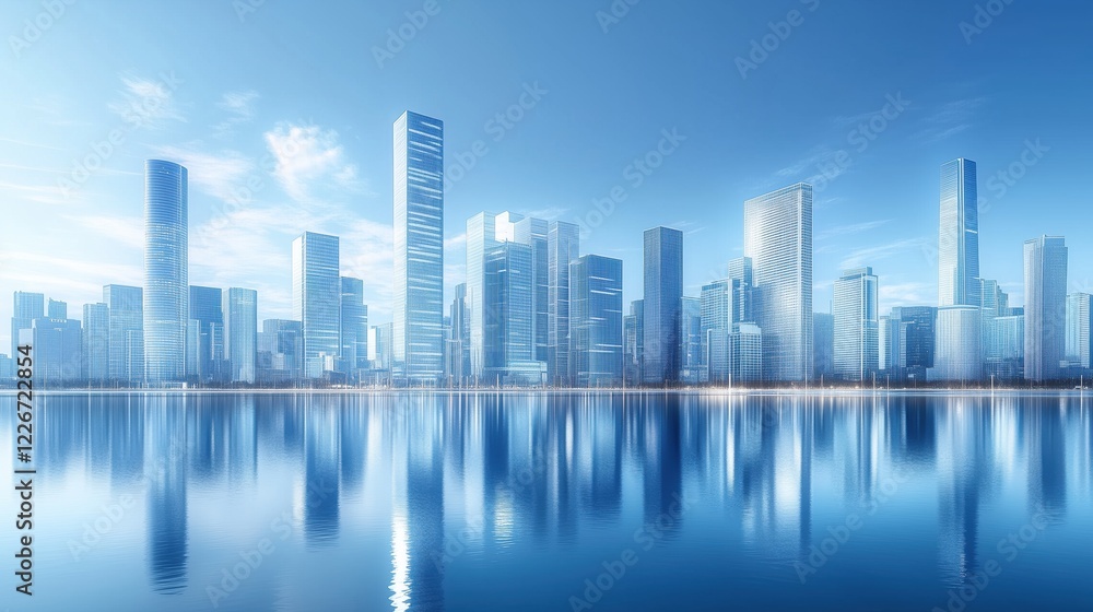 Fototapeta premium City skyline reflects on calm waters under a clear blue sky with modern architecture and futuristic buildings