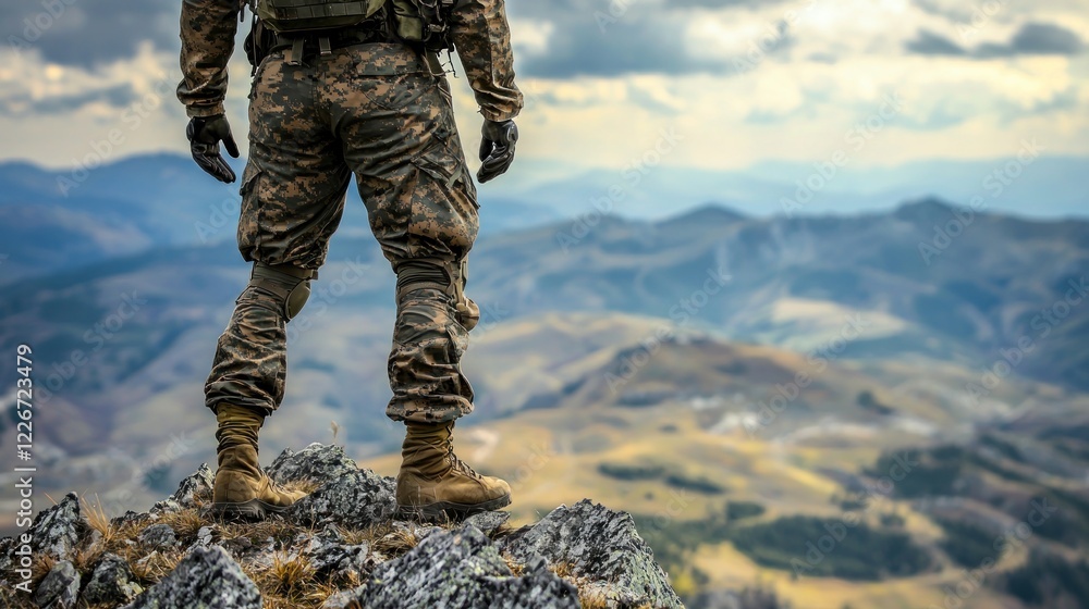Naklejka premium Soldier Standing on Mountain Peak Overlooking Scenic Landscape