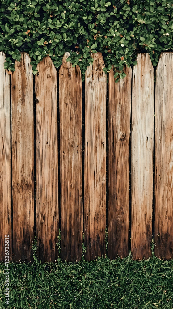 Rustic wooden fence, overgrown vines, green grass backdrop, garden privacy Rustic wooden fence, overgrown vines, green grass backdrop, garden privacy
