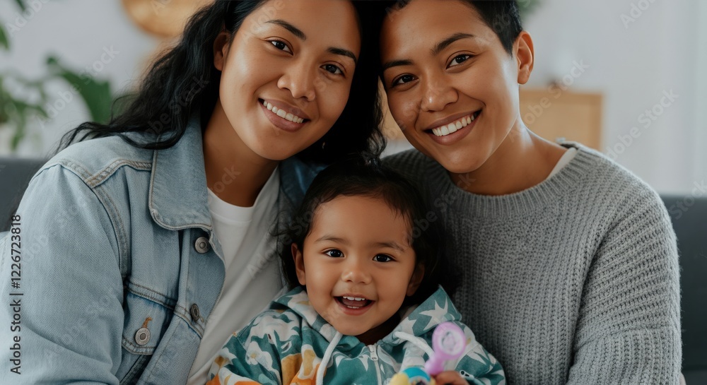 Happy family moment with diverse mothers and child at home
