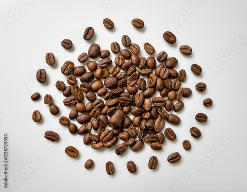 Elegant Coffee Beans Arrangement – Scattered Roasted Beans on White Background, Minimalist Design for Coffee Lovers