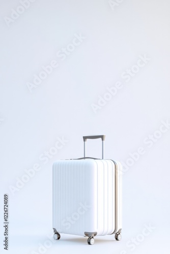 Minimalist suitcase stands against plain background, highlightin