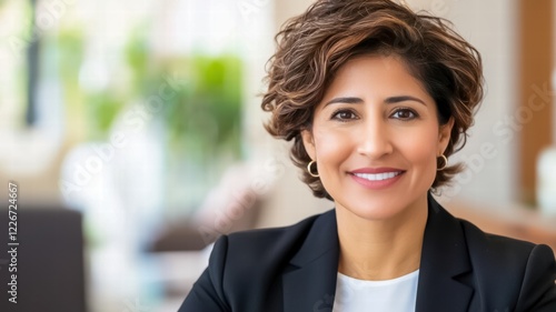 A professional smiling business woman with short, curly hair poses in a well-lit office environment, conveying confidence and approachability. Free Download A professional smiling business woman with short, curly hair poses in a well-lit office environment, conveying confidence and approachability. - GFXLoad
