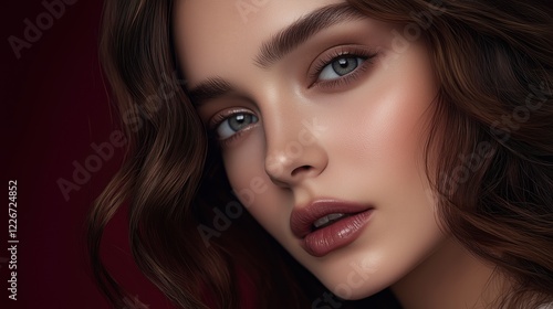 Wallpaper Mural Close-up portrait of a young woman with wavy hair showcasing natural beauty and captivating blue eyes in soft lighting Torontodigital.ca