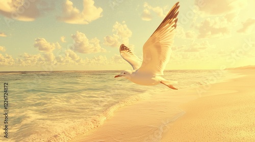 Seagull soaring over calm ocean waves at sunset on a peaceful beach