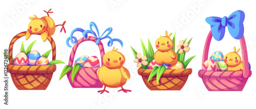 Easter basket collection with yellow chicks - wicker containers decorated with bows, painted eggs, spring flowers, green leaves. Cute cartoon birds sitting near hamper with festive ornaments.