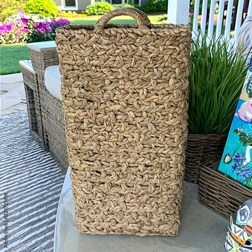 Beige woven storage basket on patio, garden art in background photo