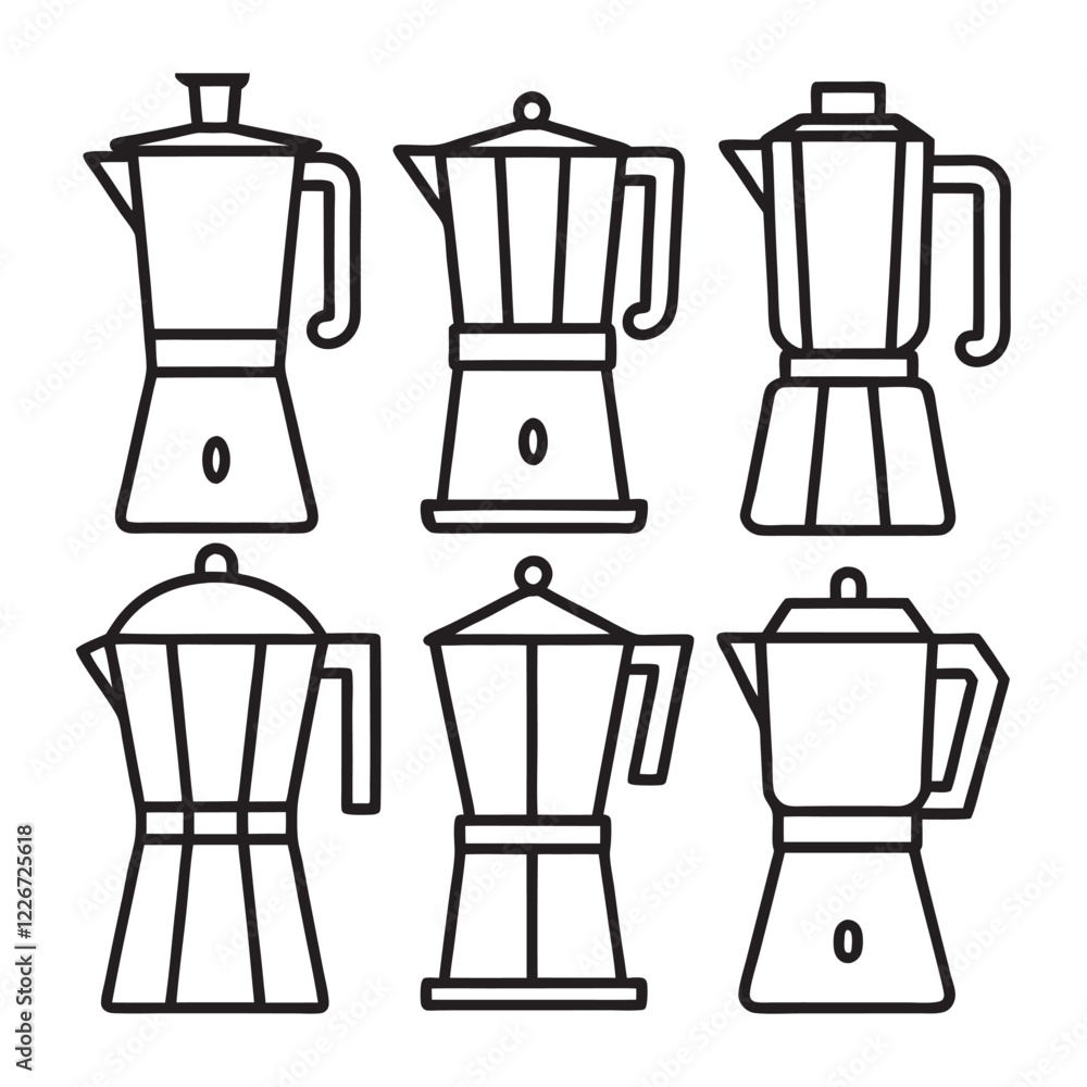 Fototapeta premium Set of blenders, coffee maker, mixer machine line art vector icon illustration on white background.