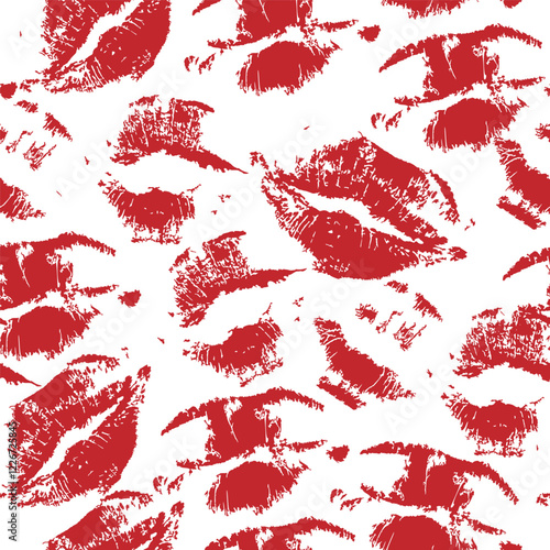 Red lipstick kiss marks Seamless pattern on white background. Print of lips kiss vector