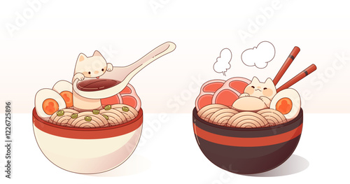 Cat eating ramen noodles set isolated on white. Contemporary vector cartoon illustration of kawaii style kitten in bowl of traditional asian food with spoon and chopsticks, oriental restaurant menu