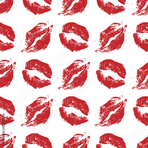 Red lipstick kiss marks Seamless pattern on white background. Print of lips kiss vector