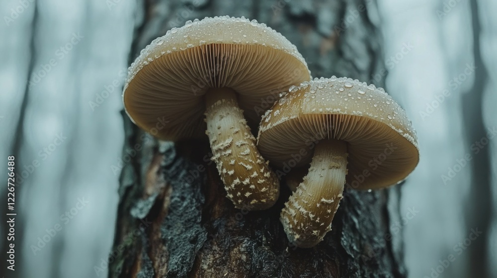 Dewy mushrooms on tree, misty forest, nature Dewy mushrooms on tree, misty forest, nature