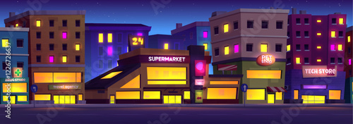 Shopping street night scene - illuminated storefronts with yellow glow, neon signs, buildings with lit windows, supermarket, stores under starry sky. Urban landscape with bright evening lights.