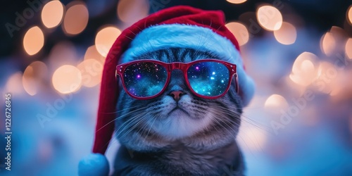 Festive Christmas Cat with Glittering Eyes and Santa Hat photo