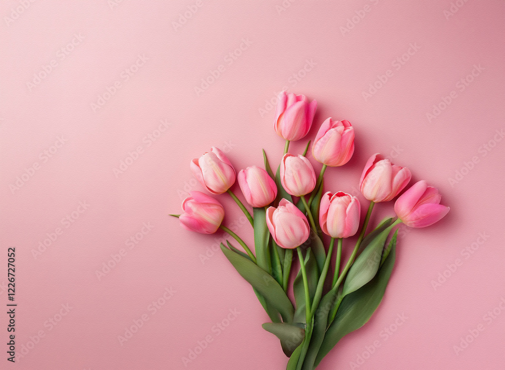 A delicate bouquet of light pink tulips arranged on a pale pink background. The soft color palette creates a serene and romantic atmosphere. A delicate bouquet of light pink tulips arranged on a pale pink background. The soft color palette creates a serene and romantic atmosphere.