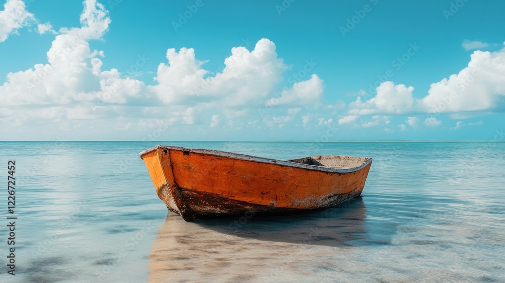 Naklejka premium Orange boat resting on a transparent ocean under a cloudy sky, a serene scene