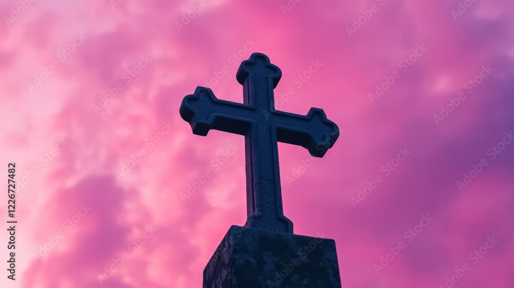 A silhouetted cross against a vibrant pink sky, symbolizing faith and spirituality. A silhouetted cross against a vibrant pink sky, symbolizing faith and spirituality.