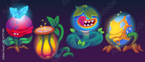 Night monster plants set isolated on background. Vector cartoon illustration of giant alien flower with open toothy mouth and tongue, neon fairytale garden creatures, biting predator in magic forest