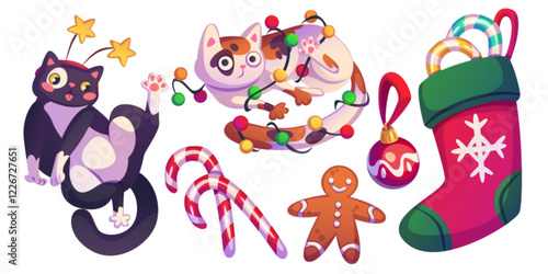Funny Christmas cats set isolated on white. Vector cartoon illustration of cute pets playing with garland, candy cane, holiday gingerbread, Xmas tree toy and holiday sock, greeting card elements