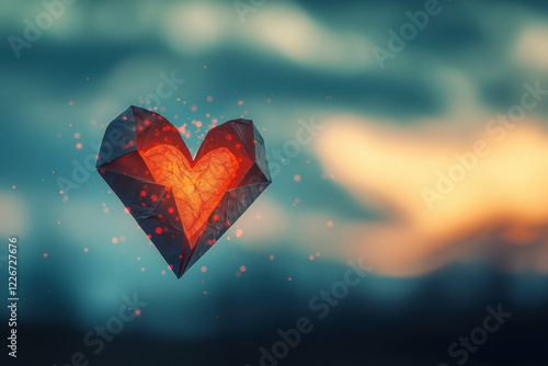 Floating Glowing Origami Heart in the Sky