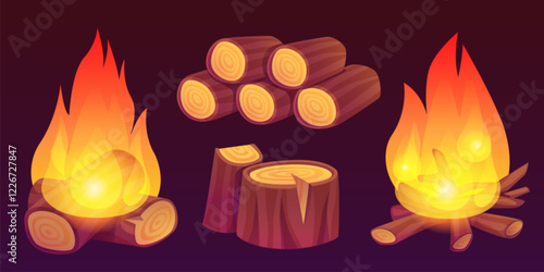 Firewood piles and fire set isolated on background. Vector cartoon illustration of wood logs, pieces of cut trunk, burning campfire flame, timber with bark, natural construction or heating material