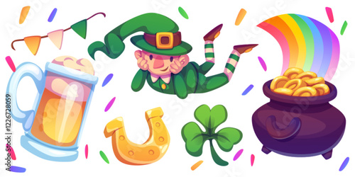 Saint Patricks Day symbols set isolated on white background. Vector cartoon illustration of green leprechaun in hat, golden horseshoe, rainbow above cauldron with coins, glass of beer, clover leaves