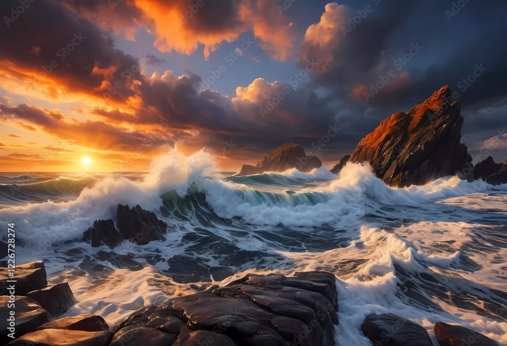 Obraz premium Waves Crashing Against Coastal Rocks at Sunset with Vibrant Illuminated Sky