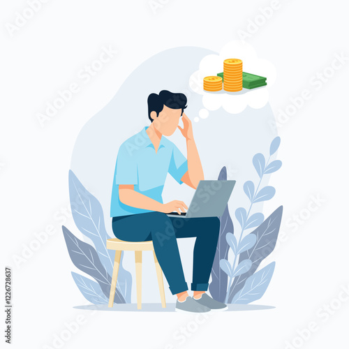 money shortage and financial problem concept, depressed man thinking about money, economic crisis 