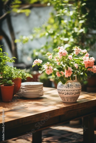 Wallpaper Mural A close up of a rustic wooden table, empty and inviting, set against a beautifully blurred background of a garden party.  Torontodigital.ca