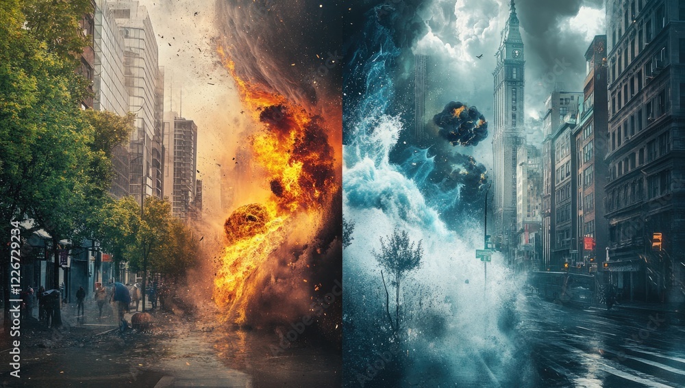 Naklejka premium Apocalyptic Cityscape: Fire and Flood Devastation
