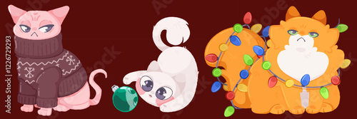 Moody Christmas cats set isolated on background. Vector cartoon illustration of funny pets wearing knitted sweater, playing with Xmas tree toy and garland lights, angry face, greeting card mascots