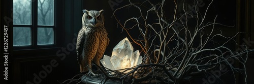 In a dimly lit room, a taxidermied owl perches beside a gleaming crystal nestled within a tangle of dead, skeletal branches and vines, night, dark photo